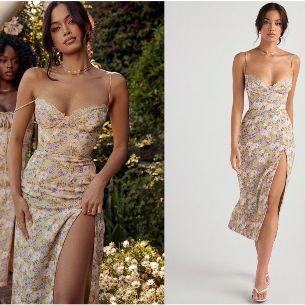 House of CB Yellow Floral Midi Dress with Purple & Pink Accents